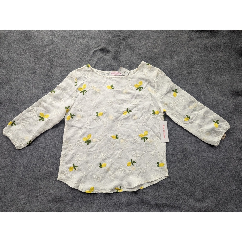 Rose & Olive Blouse Womens LP Yellow Lemon Print Top Polyester 3/4 Sleeve NWT